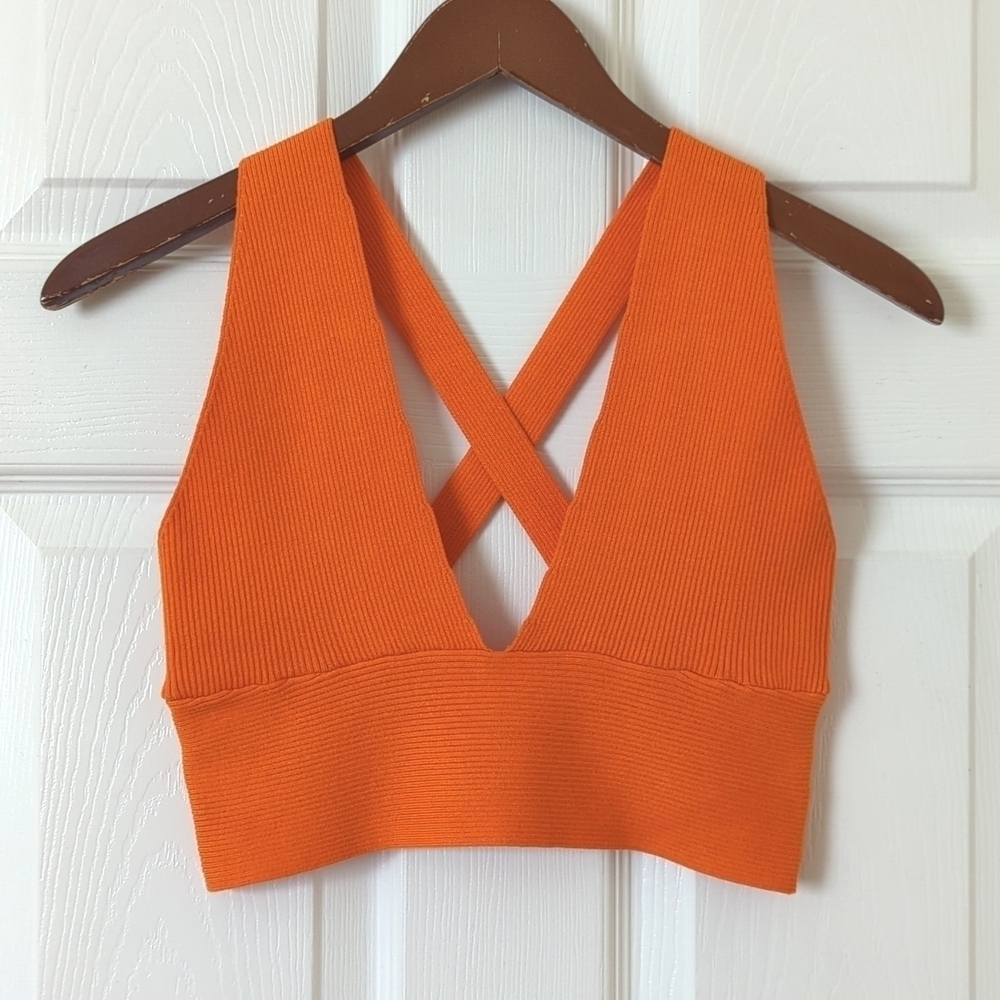 Garage Summer Ribbed Knit Plunging V-neck Racerback Cropped Tank Top Orange L